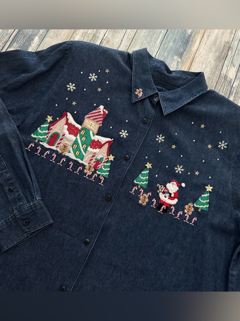 Karen Scott Christmas Embroidered Denim Shirt Women’s XL Long Sleeve Button Up